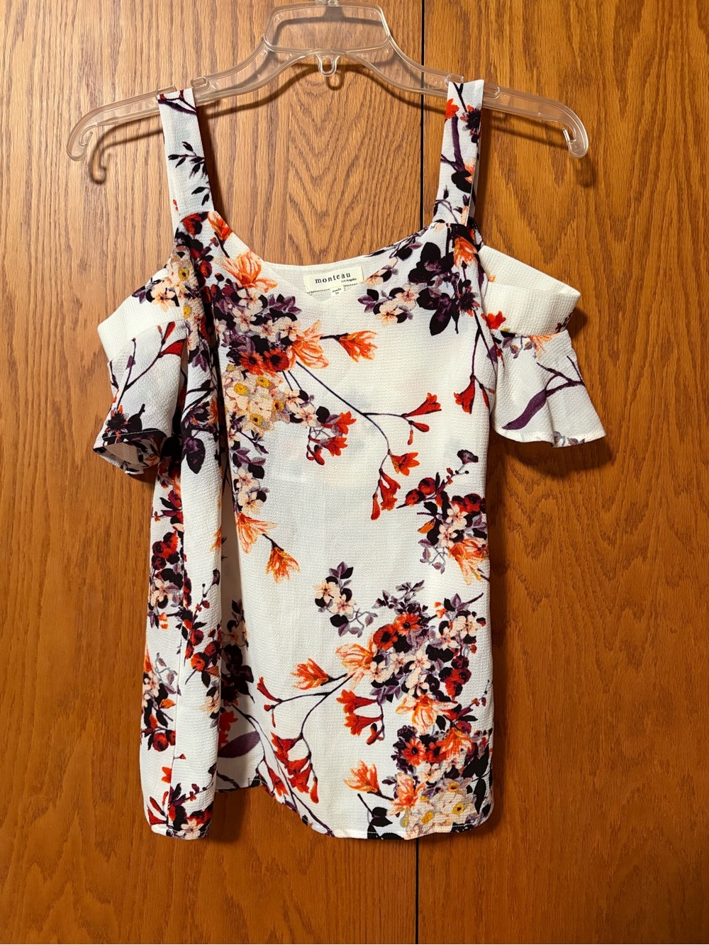 Monteau Los Angeles Floral Cold Shoulder Blouse - Orange/Purple - Size S